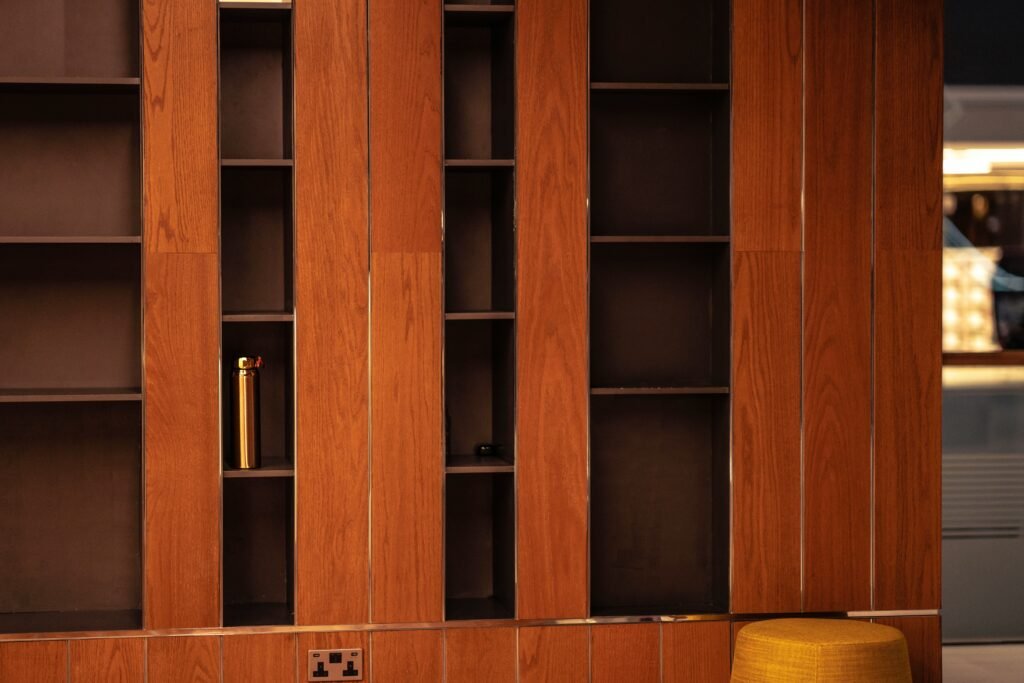 Straight wooden shelves with clean lines in a modern interior.